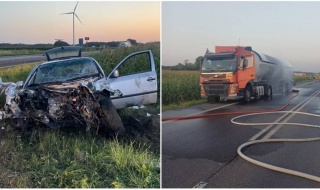 Zderzenie cysterny z gazem i osobówki. Ładunek stanął w ogniu, jeden z kierowców zabrany LPRem do szpitala. DK 74  zablokowana do rana [Foto]