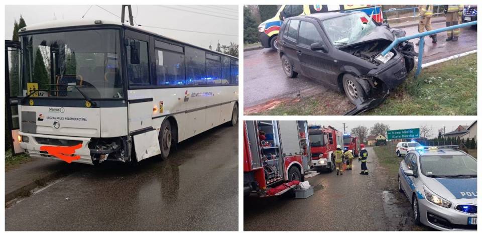 Wypadek w Sadkowicach, zderzyły się autobus szkolny i osobówka. Cztery osoby trafiły do szpitala